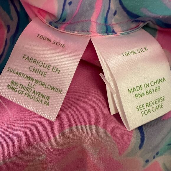 Lilly Pulitzer Elsa Blouse Top Womens XS Pink Floral Silk Split Neck Long Sleeve - Picture 7 of 10